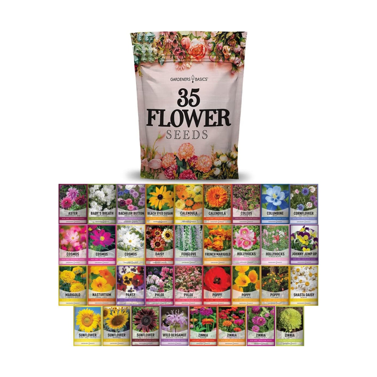 Gardeners Basics 35 Variety Heirloom Flower Seeds for Planting Outdoors | 35 annual and perennial varieties; over