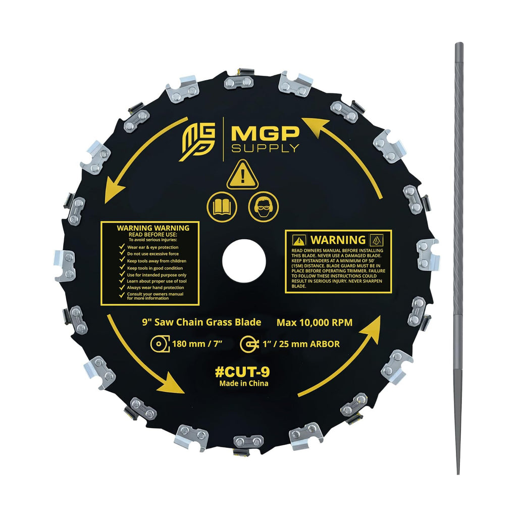 MGP SUPPLY Chainsaw Brush Cutter Blade + File - 9in x 20 Teeth | Fits Most Straight Shaft Trimmers | Conversion Kit Not