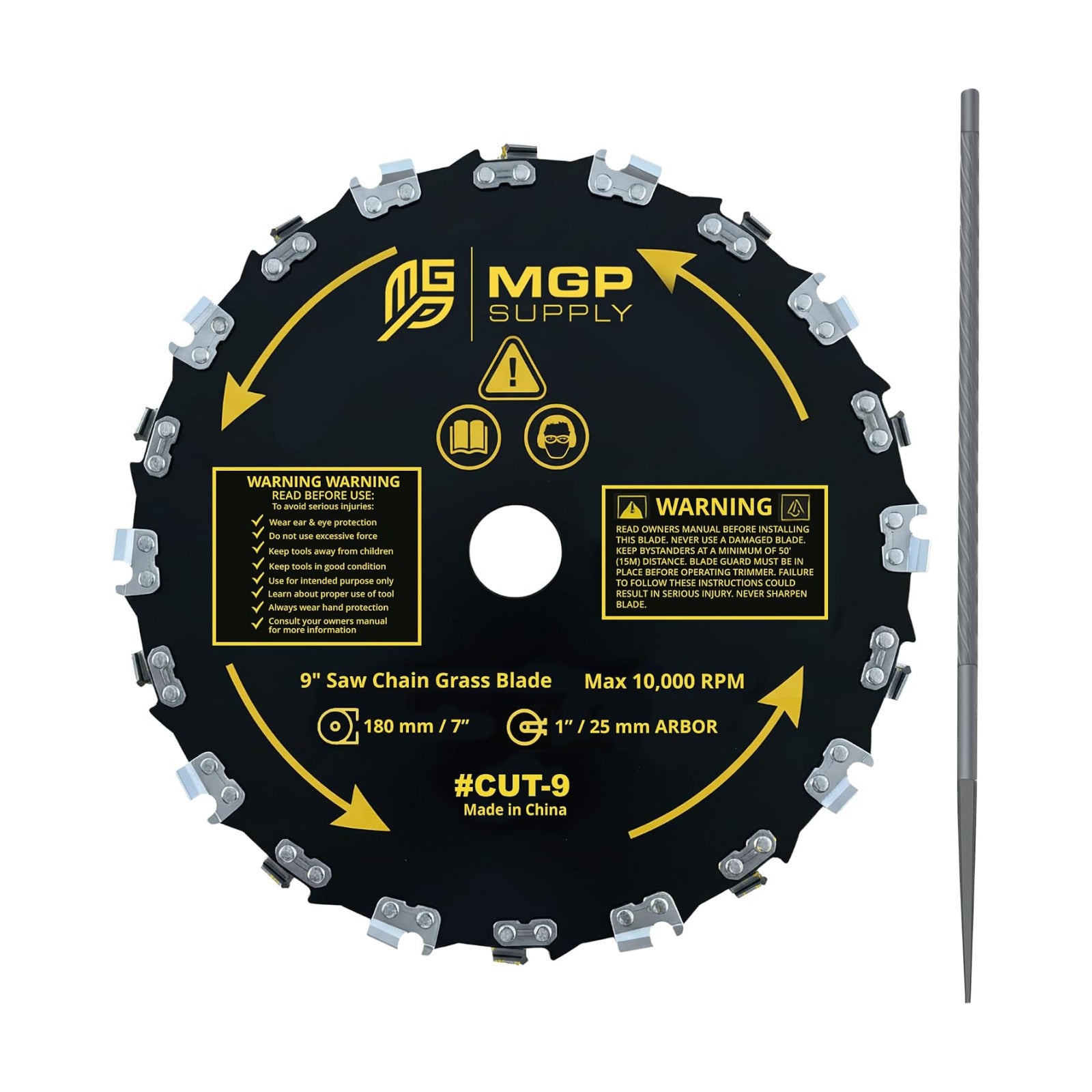 MGP SUPPLY Chainsaw Brush Cutter Blade + File - 9in x 20 Teeth | Fits Most Straight Shaft Trimmers | Conversion Kit Not
