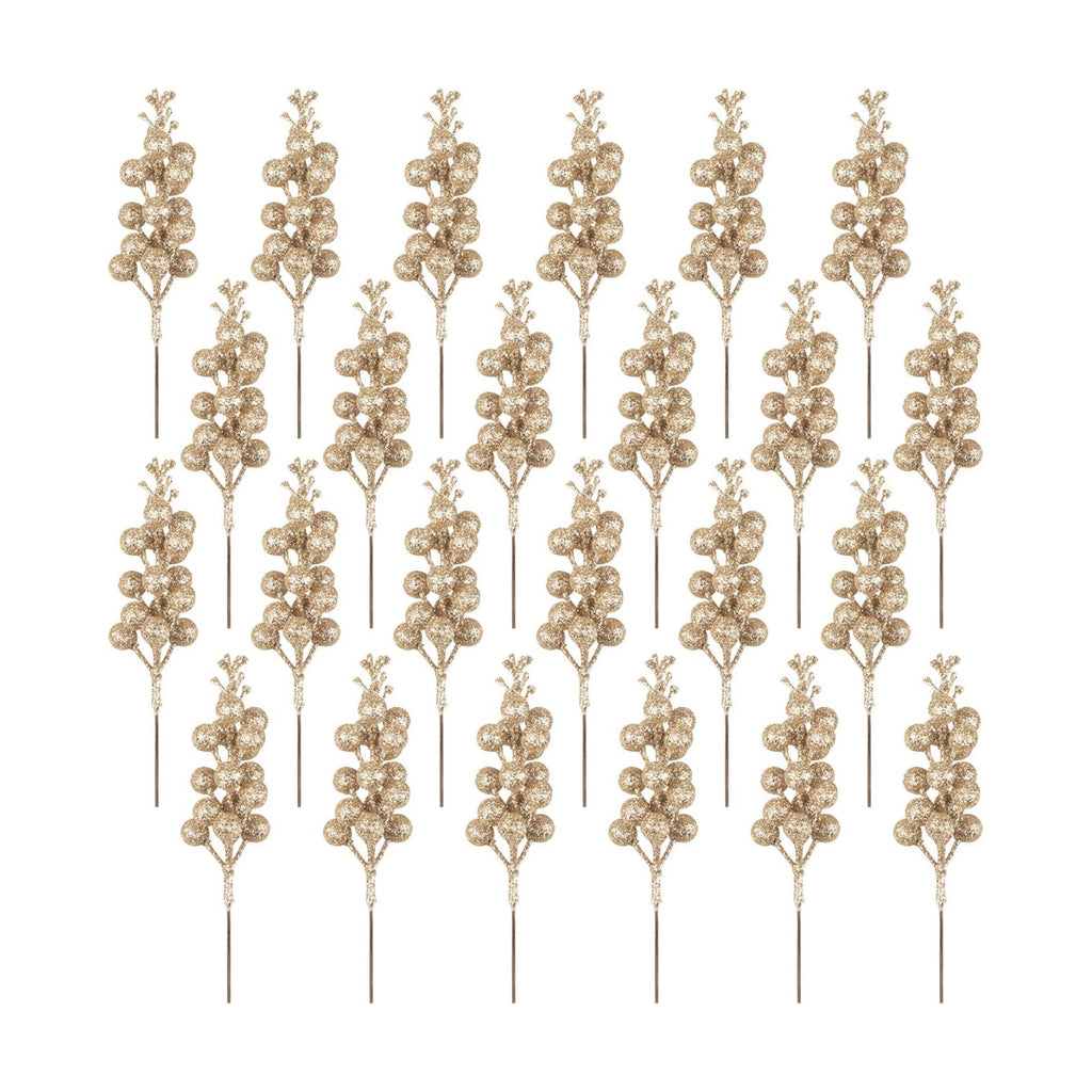 24 Pack Glitter Champagne Gold Berry Stems,7.5 Inch Christmas Sparking Red Faux Winter Berry Sprigs,Artificial Red Berries Branches for Christmas Tree Garland Wreath Crafts Season Winter Home Decor