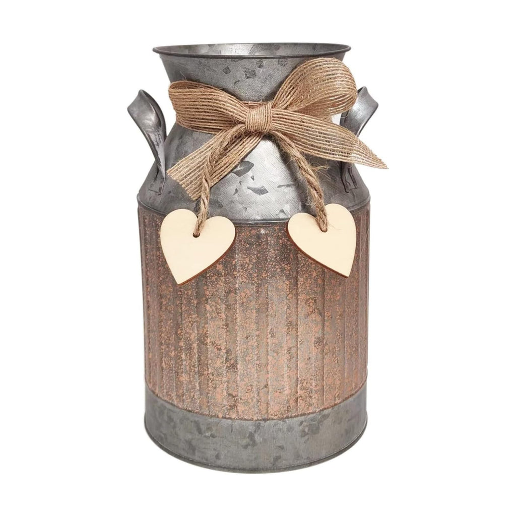 Shabby Chic Classy Designed Brown Milk Can Heart-Shaped Galvanized Finish Metal Vase Country Rustic Primitive Decorative Flower Holder, 8.8" H