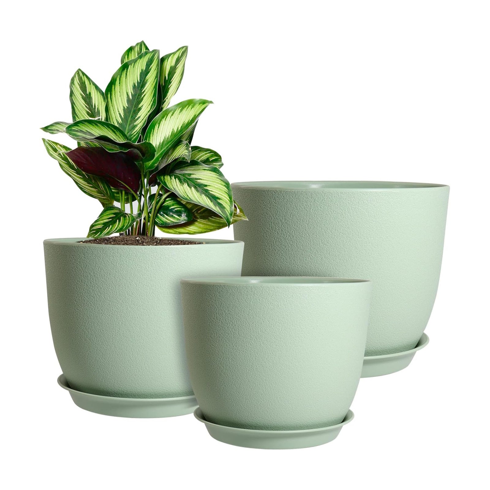 WOUSIWER Plant Pots 10/9/8 inch, Set of 3 Modern Decorative Plastic Planters with Drainage Holes and Saucers for House