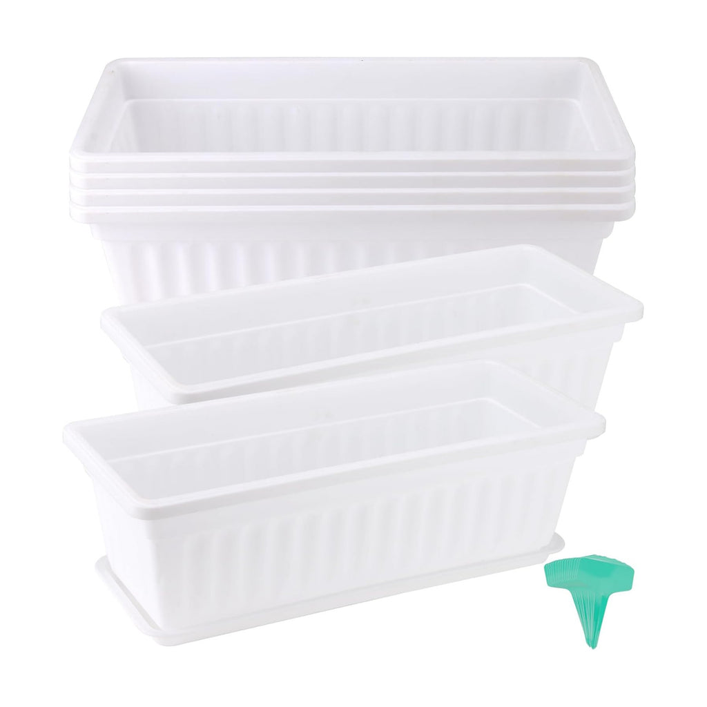 JOIKIT 6 Packs 17 Inch White Plastic Flower Window Boxes Planters with Drainage Holes & Tray, Rectangular Long
