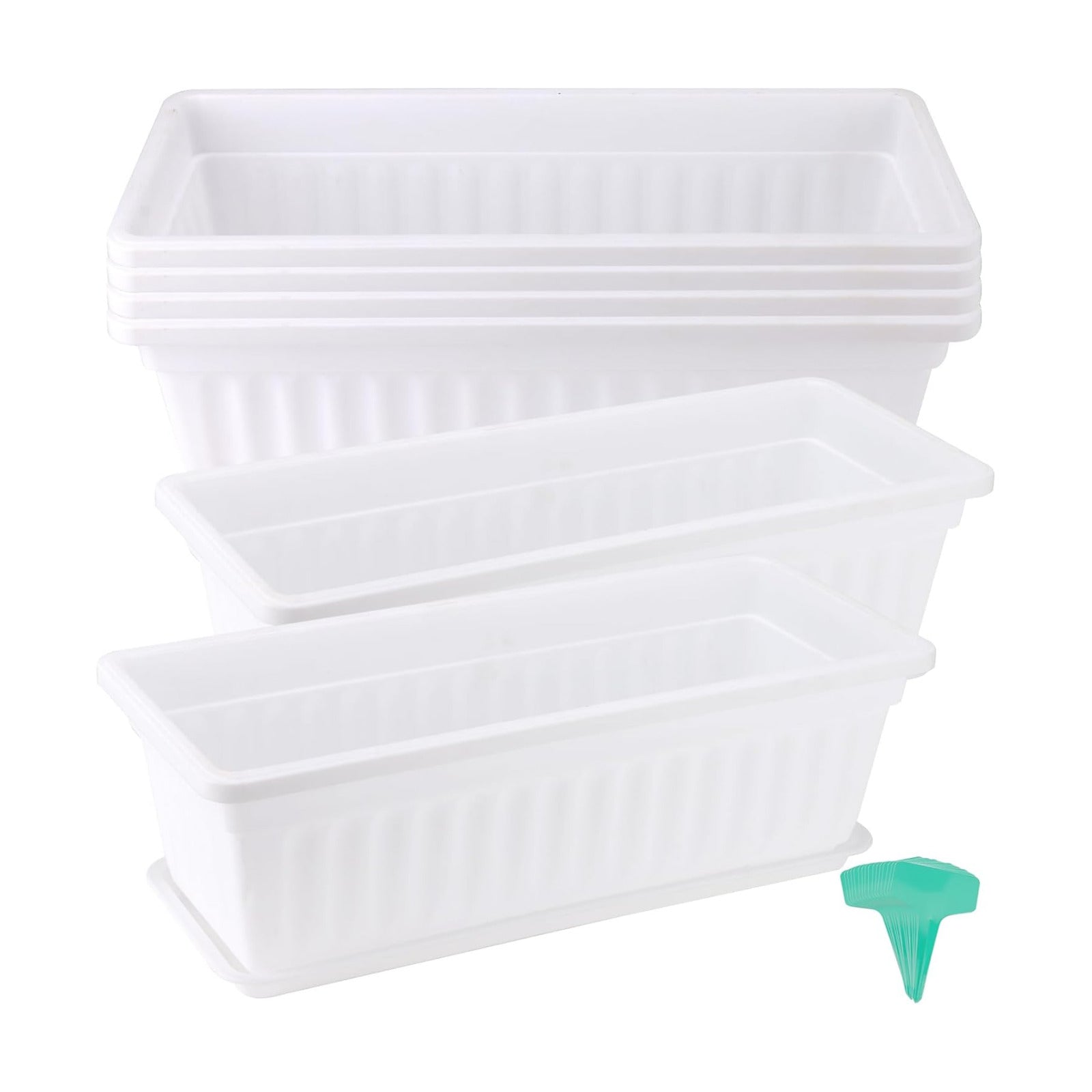 JOIKIT 6 Packs 17 Inch White Plastic Flower Window Boxes Planters with Drainage Holes & Tray, Rectangular Long