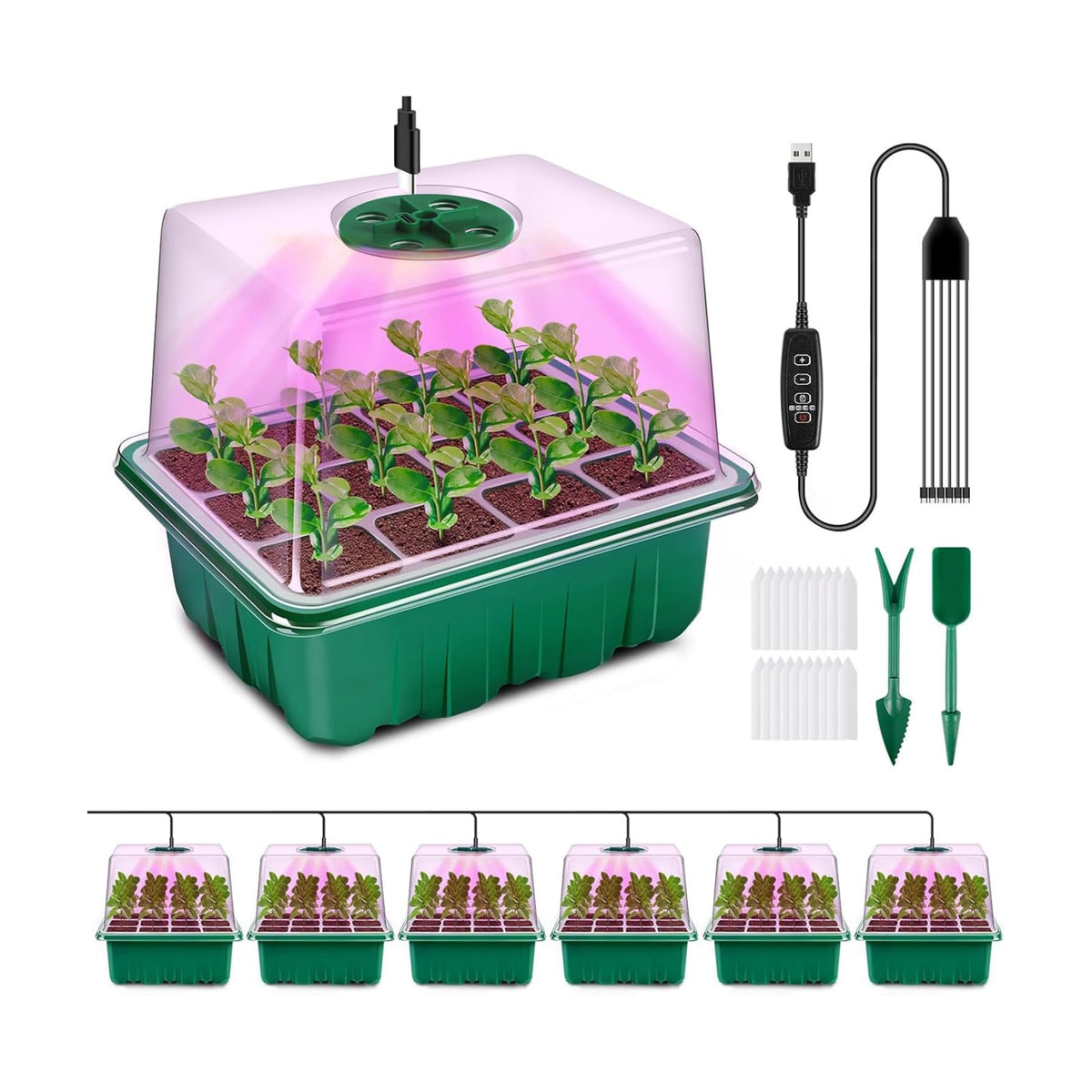 YAUNGEL Seed Starter Tray with Grow Light, 6 Pack Seed Starter Kit with Timing Controller Adjustable Brightness, Thicken Seedling Starter Trays with Humidity Domes Heightened Lids, Gift Box
