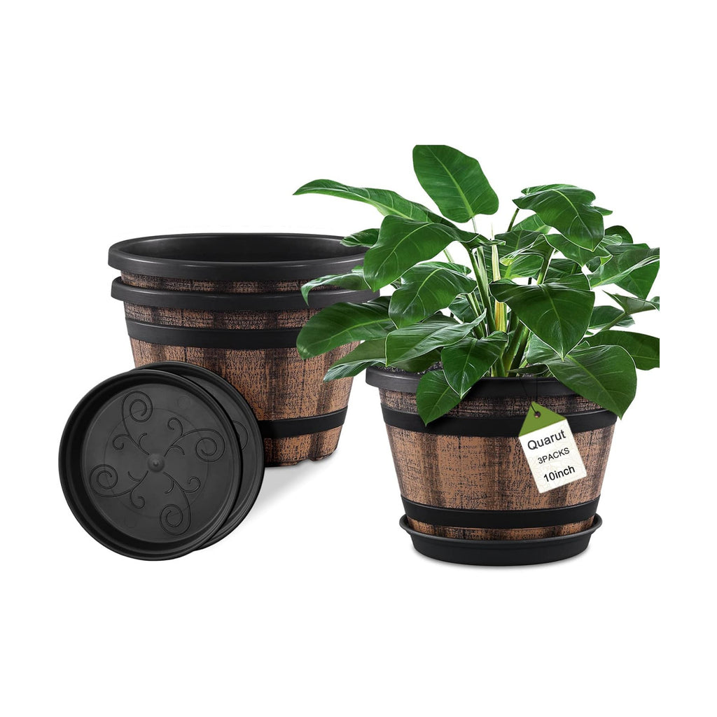 Quarut 3 Pack 10 inch Plant Pots,Whiskey Barrel Planters with Drainage Holes & Saucer, Plastic Decoration Flower Pots Imitation Wine Barrel Design, for Indoor & Outdoor Garden Home Plants (Brown)
