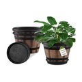 Quarut 3 Pack 10 inch Plant Pots,Whiskey Barrel Planters with Drainage Holes & Saucer, Plastic Decoration Flower Pots Imitation Wine Barrel Design, for Indoor & Outdoor Garden Home Plants (Brown)
