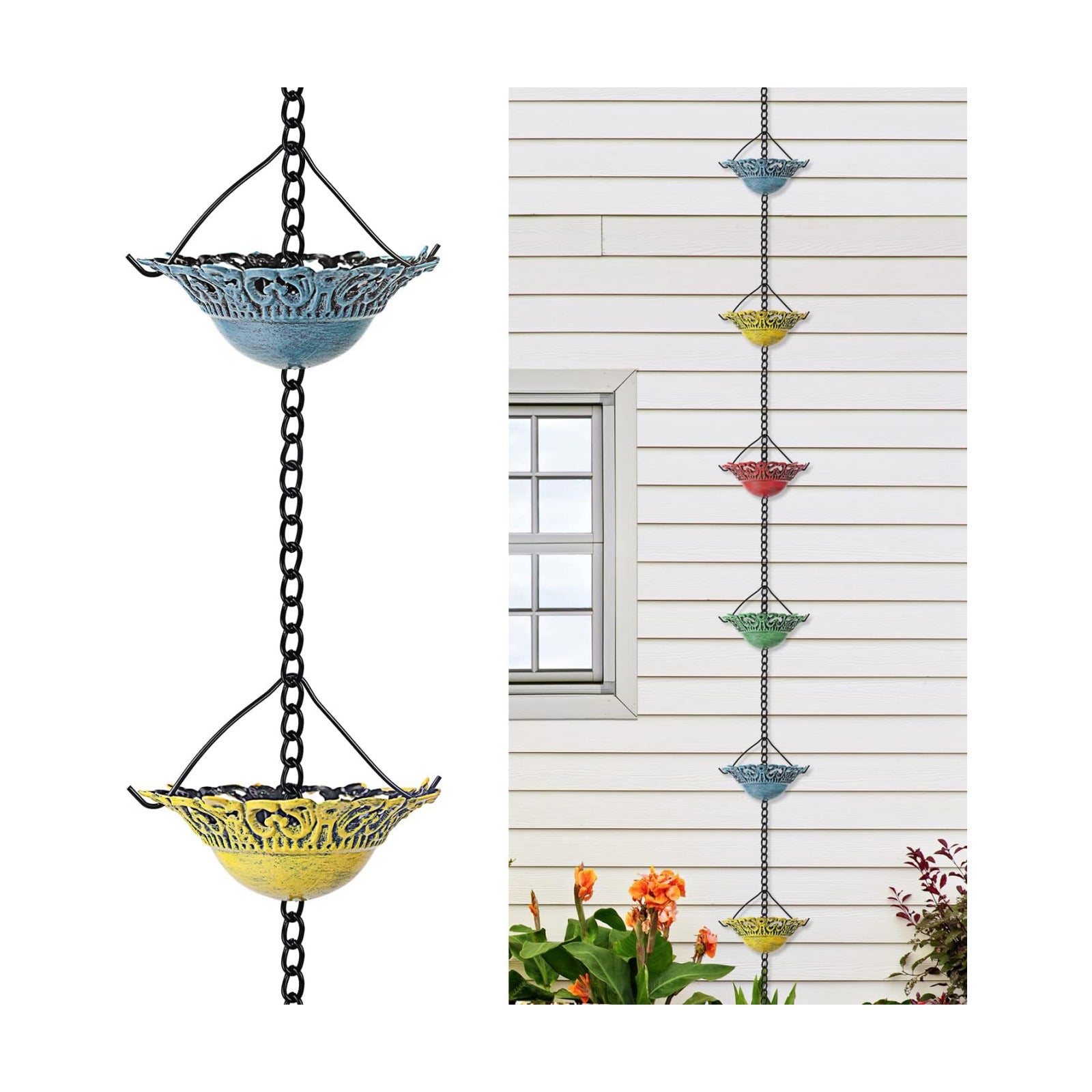 8.5 FT Colorful Rain Chain with 12 Cups for Gutters Downspouts Outside | Metal Material, Large Opening to Avoid