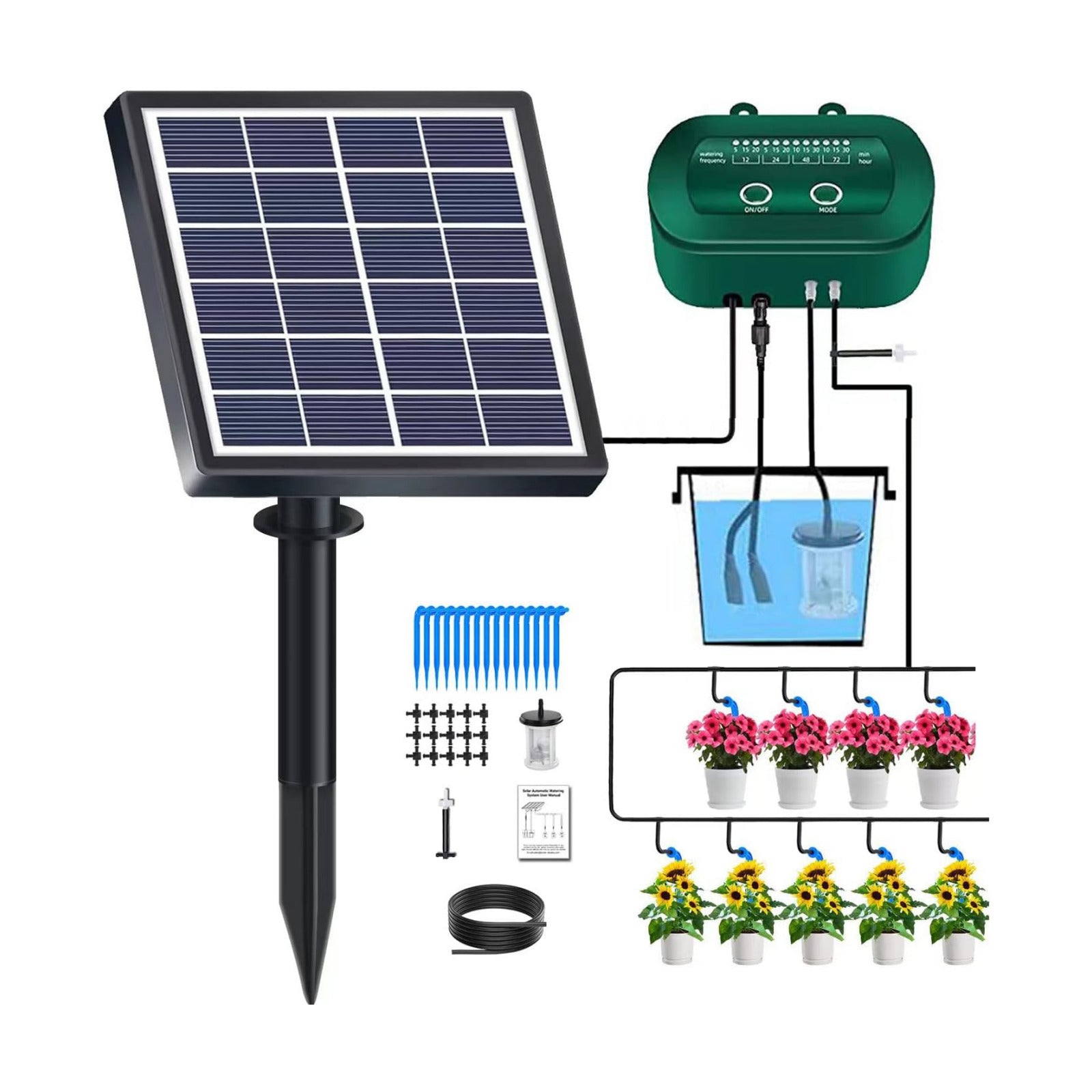 Lewisia 2W Solar Automatic Drip Irrigation Kit with Timer Auto Watering System Solar Powered Auto-Irrigation Set for