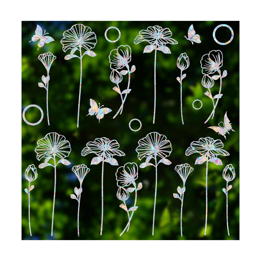 25 Pieces Flower and Butterfly Ring Window Decals for Bird Strike Prevention - Reusable Rainbow Suncatcher Clings to Save Birds, Non-Adhesive Anti-Collision Stickers, Easy Remove No Residue