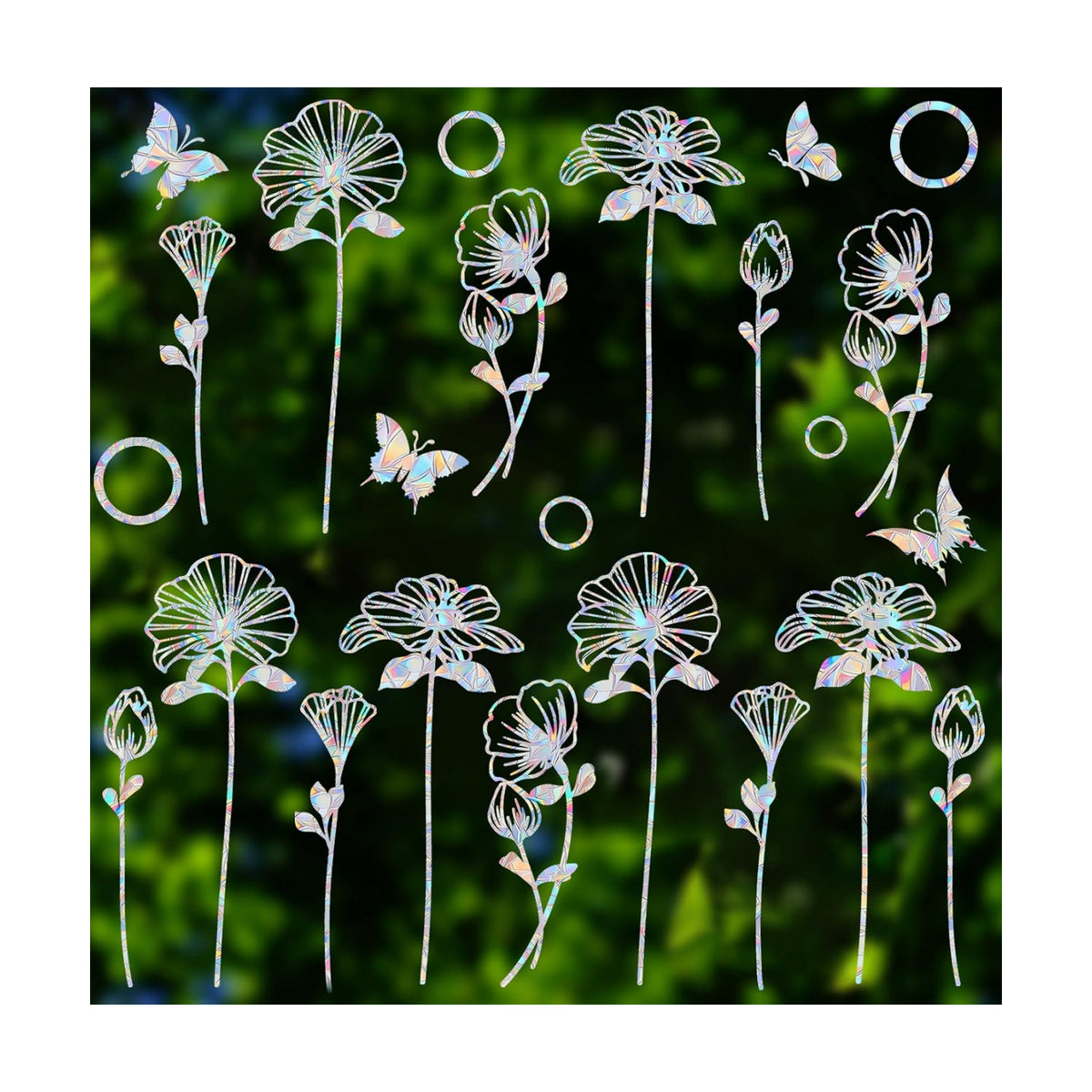 25 Pieces Flower and Butterfly Ring Window Decals for Bird Strike Prevention - Reusable Rainbow Suncatcher Clings to Save Birds, Non-Adhesive Anti-Collision Stickers, Easy Remove No Residue