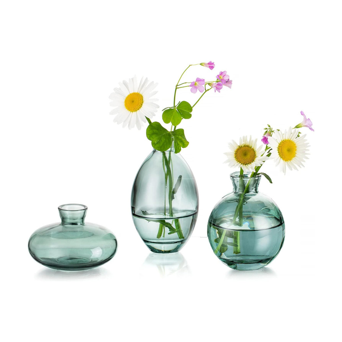 Glass Bud Vases Set of 3, Hewory Cute Green Small Vases Handmade, Mini Glass Flower Vase for Floral Arrangements, Tiny Centerpiece for Home Office Wedding Party Events Table Decor (Not Include Flower)