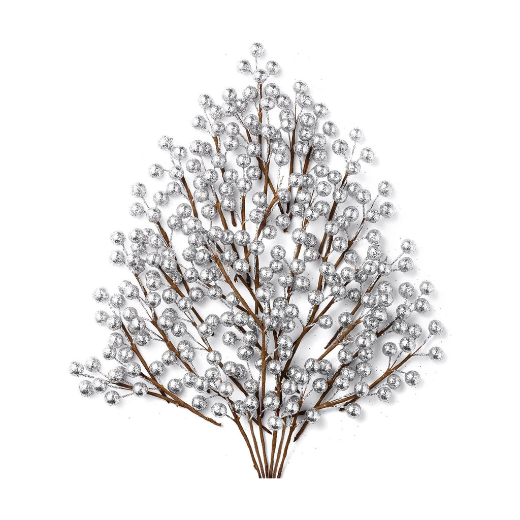 360 Pieces Artificial Holly Berries Christmas Winter Fake Berries Bunch Faux Cranberries Bunch on 60 Stems for Table Centerpiece(Silver)
