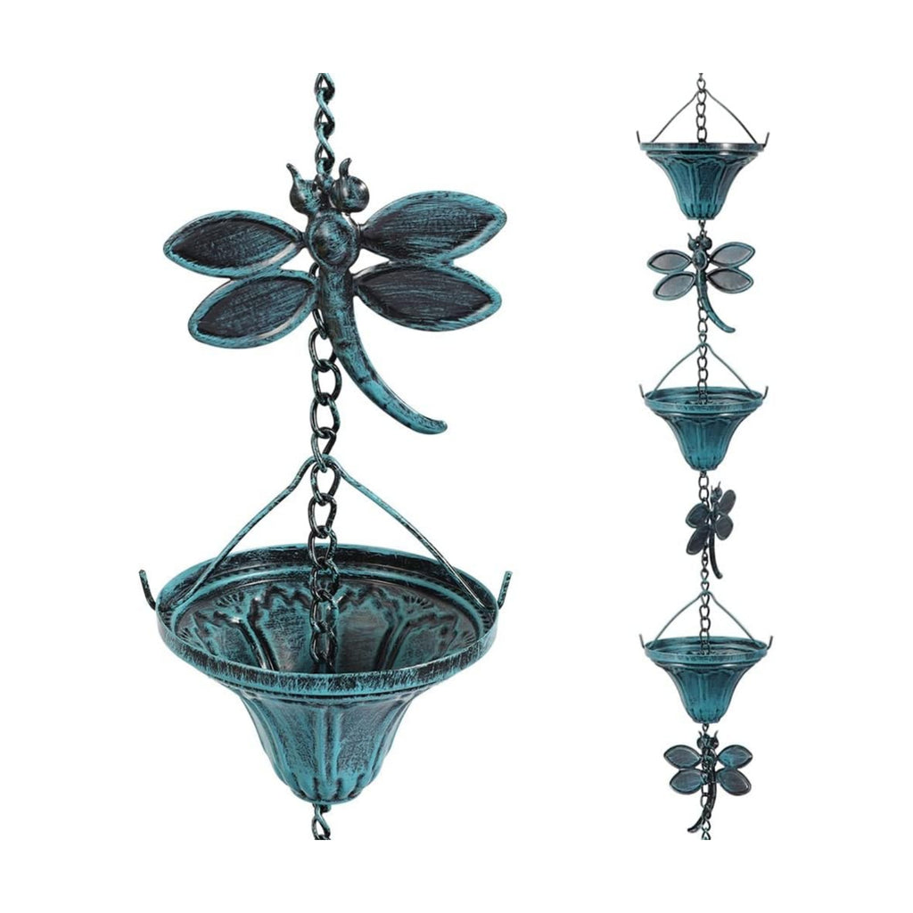 Vindar 8.5 Feet Retro Iron Dragonfly Rain Chain for Gutters Downspouts Uutside, Antique Sky Blue Color 10 Flower Cups