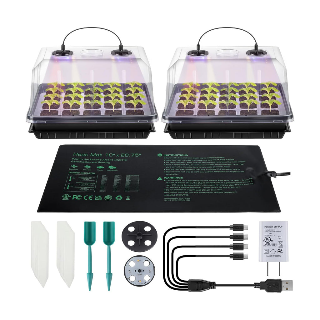 2 Sets 60-Cell Seed Starter Trays with Grow Lights, Heat Mat and Dome | 70-80°F Stable Warmth, Full-Spectrum Lighting