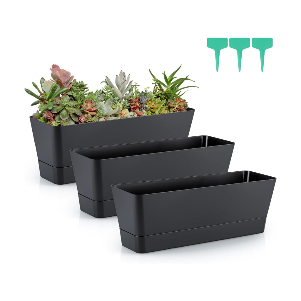 Skelang 3 Pcs Rectangular Plant Pot, 12" Flower Planter Box, Windowsill Container for Succulent, Herb, Vegetable (Black)