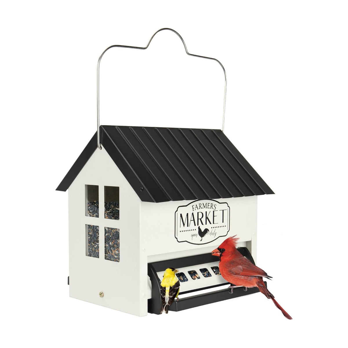 Squirrel Shield Metal Hopper Squirrel Proof Outdoor Wild Bird Seed Feeder, Hanging Bird Feeder, 2 Weight Activated Feeding Ports, Easy to Fill Roof Opening, White
