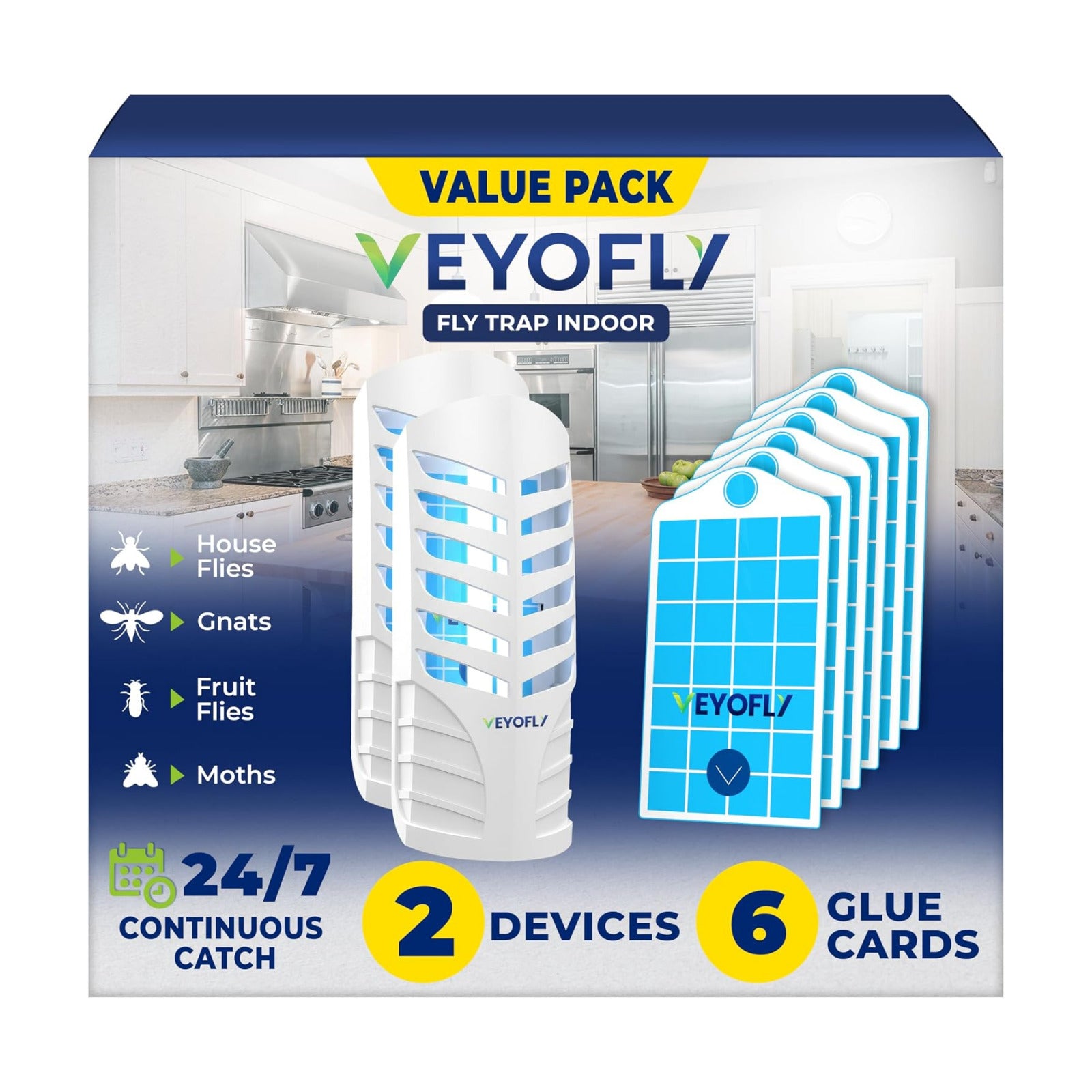 VEYOFLY Fruit Fly Traps Indoor Plug-in UV, Gnat Trap, 2 Device + 6 Refills | UV light attracts insects to glue cards