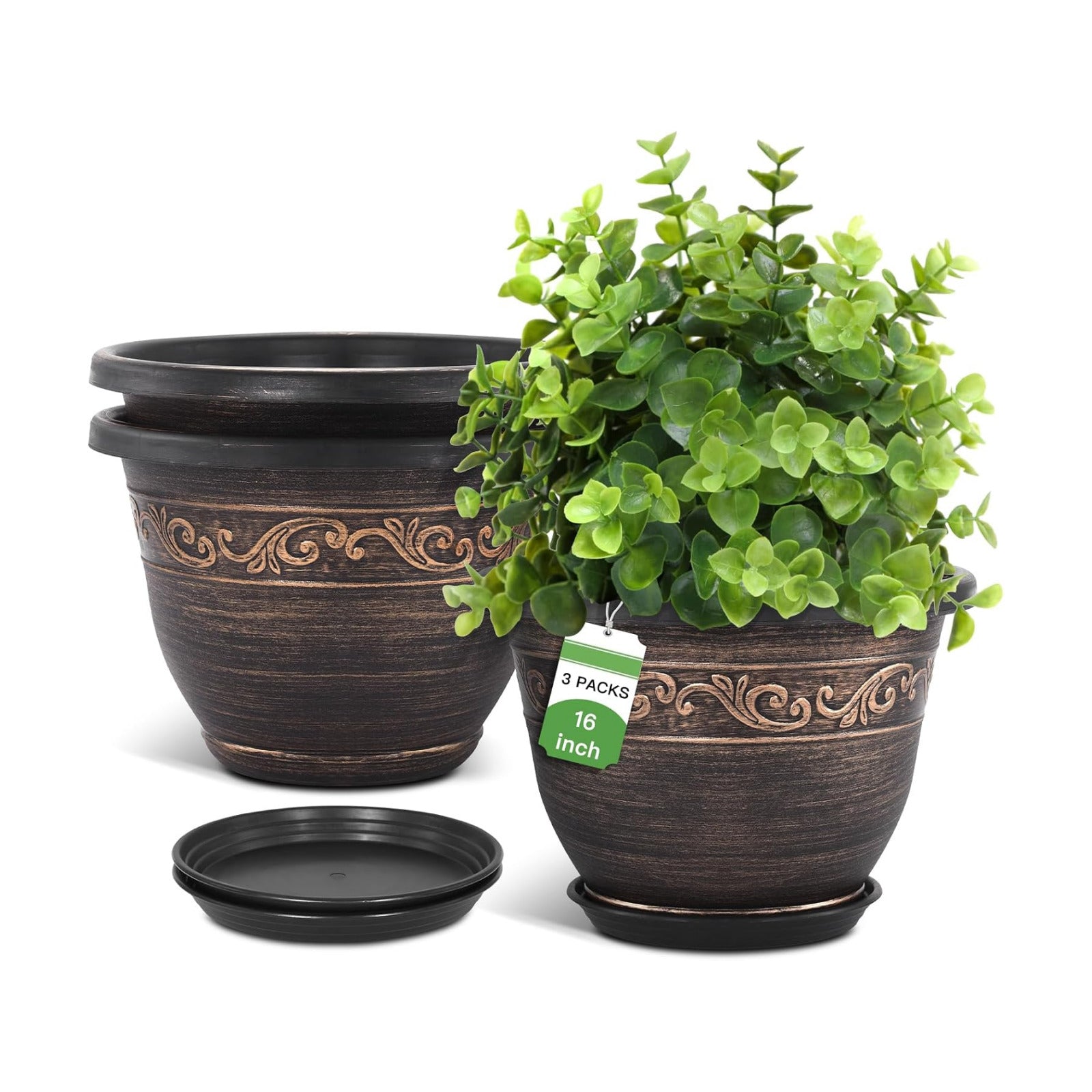 Plastic-Plant-Flower-Planters-16 Inch With Drainage Hole & Saucer, 3 Packs Lightweight Small Resin Flower Pot Indoor