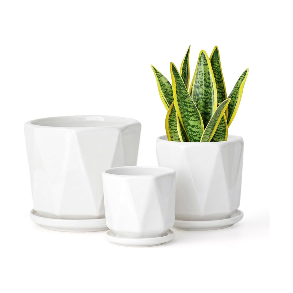 White Ceramic Planter Set of 3 with Drainage and Saucer, Indoor Plant Pots | Modern Geometric Flower Pots (6.5/5.5/4.5