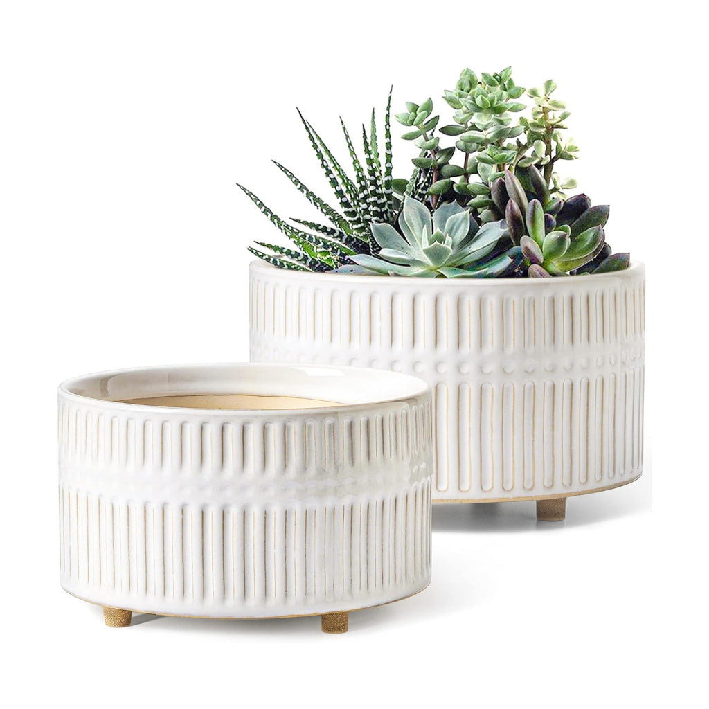 LE TAUCI Succulent Planters, 6.5+8 Inch Ceramic Indoor Plant Pot with Drainage Hole, Shallow Round Succulent Pots, Set