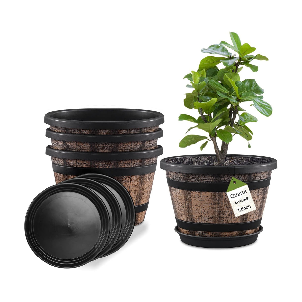 Quarut Plant Pots Set of 4 Pack 12 inch,Large Whiskey Barrel Planters with Drainage Holes & Saucer.Plastic Flower Pots Imitation Wine Barrel Design, for Indoor & Outdoor Garden Home Plants (Brown)