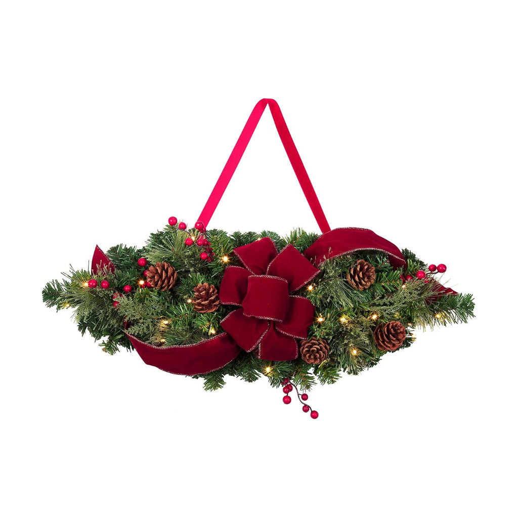 Haute Decor 28 Inch Wide Classic Holiday Window Swag PRE-LIT with Energy-Efficient LED Lights - Battery Operated Timer with Automatic On-Off