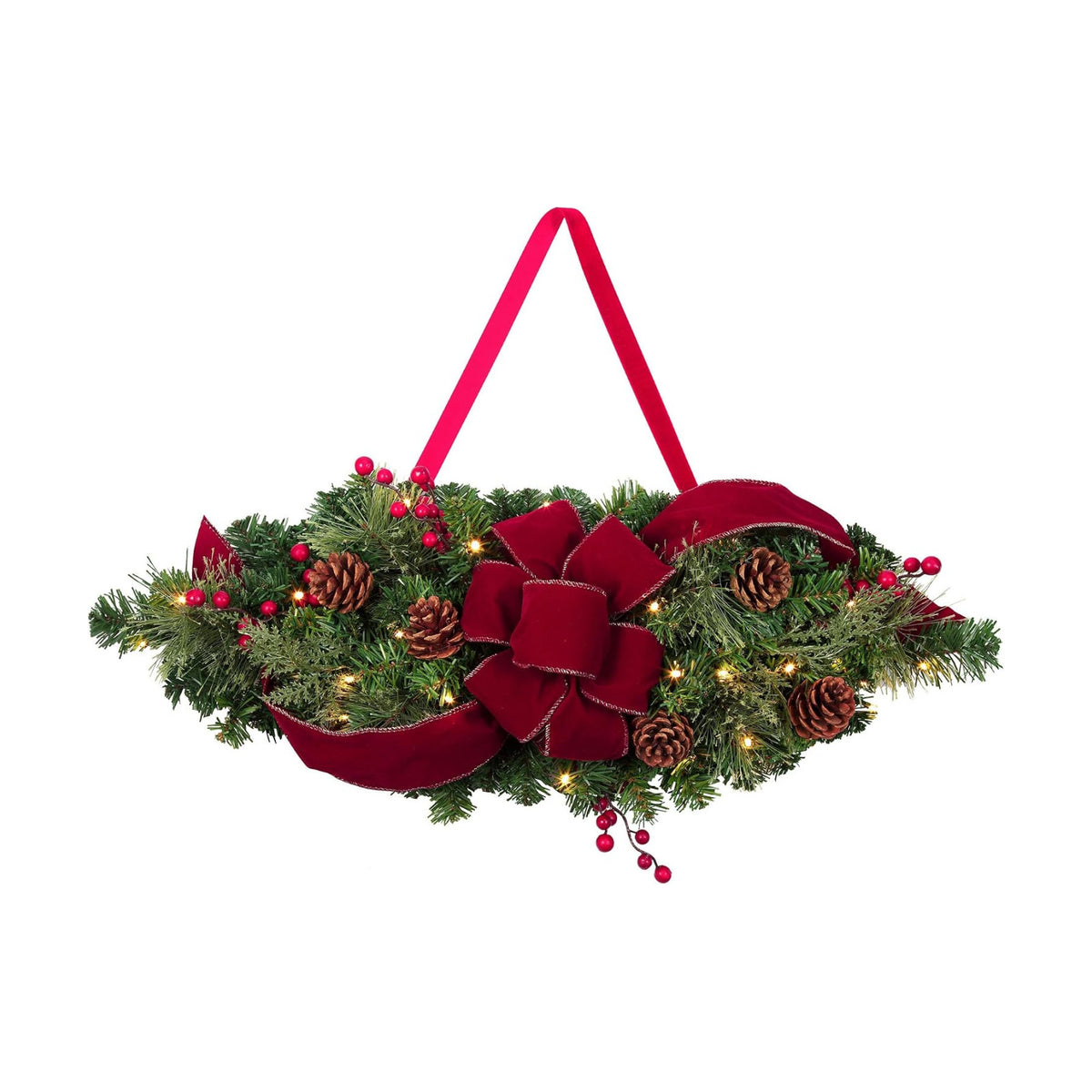 Haute Decor 28 Inch Wide Classic Holiday Window Swag PRE-LIT with Energy-Efficient LED Lights - Battery Operated Timer with Automatic On-Off