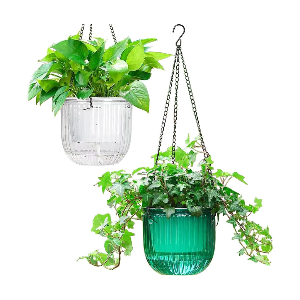 Melphoe 2 Pack Self Watering Hanging Planters Indoor Flower Pots, 6.5 Inch Outdoor Hanging Plant Pot Basket, Plant Hanger with 3Hooks Drainage Holes for Garden Home