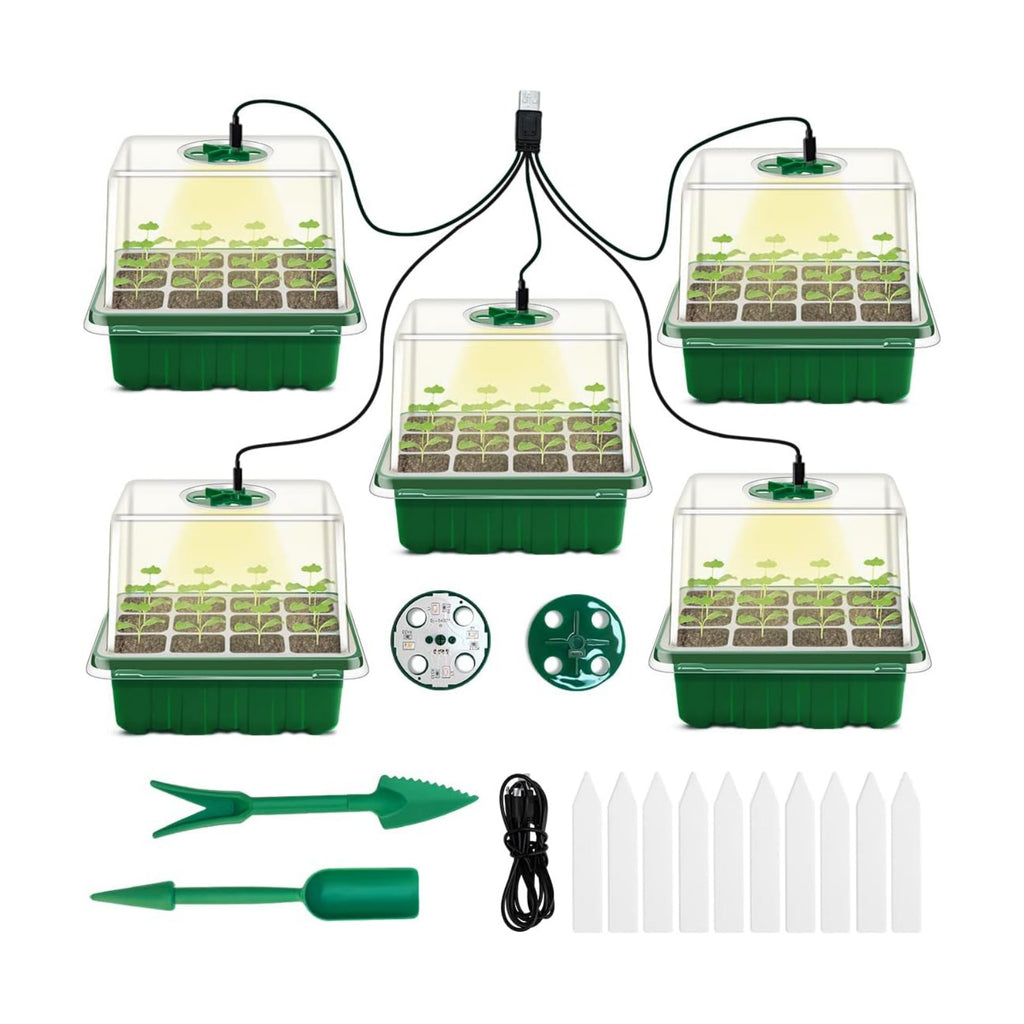 Seed Starter Tray with Grow Light, 5 Packs Plant Starter Tray Seedling Starter Kit with Humidity Domes Base Indoor Greenhouse Mini Propagator Station for Seeds Growing Starting (12 Cells per Tray)