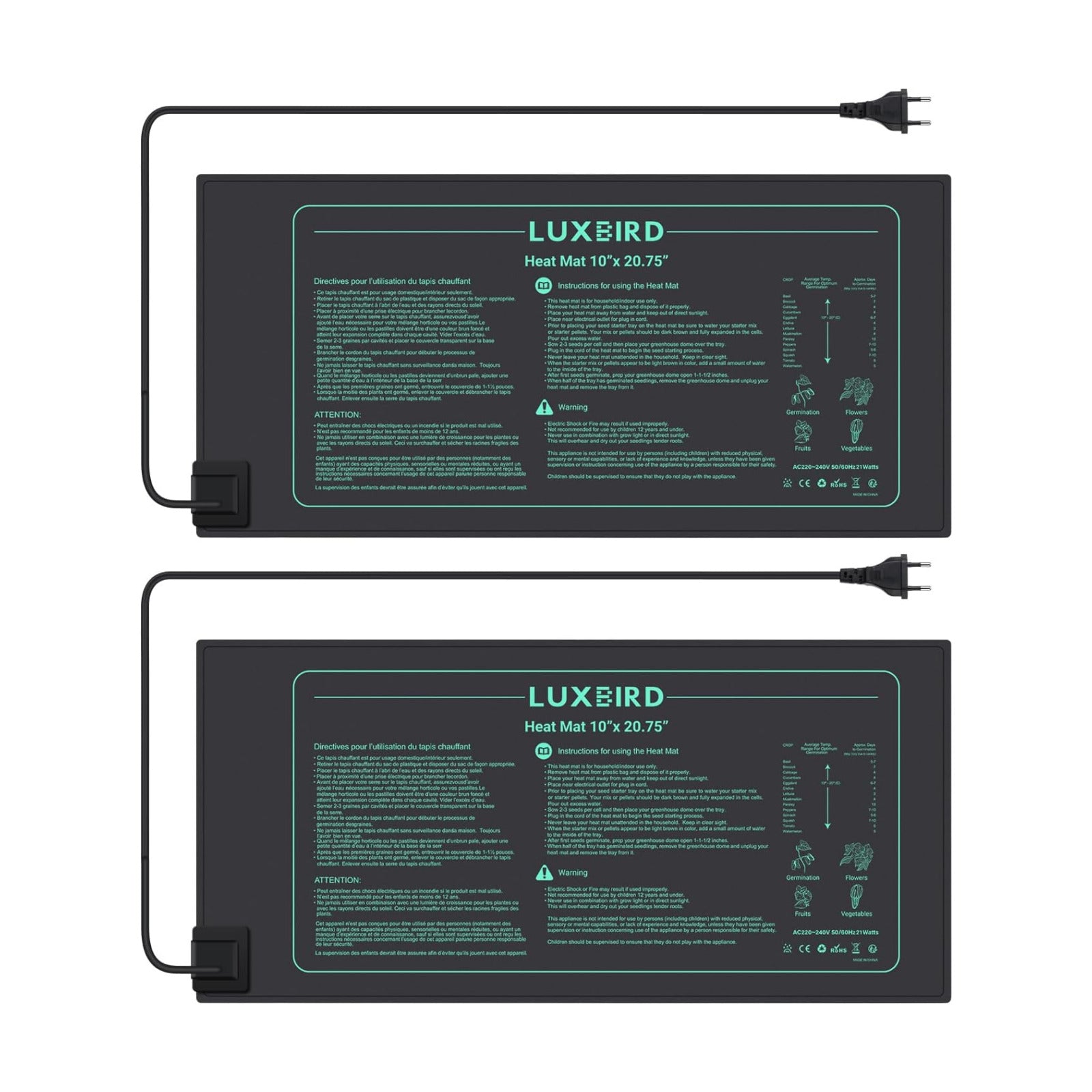 LUXBIRD 2 Pack Seedling Heating Mat for Seed Starting, 10”x 20.75” Durable Waterproof Warm Hydroponic Heating Pad for