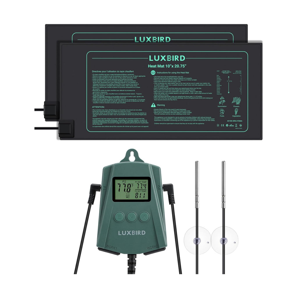 LUXBIRD 2 Pack 10"x 20.75" Seedling Heat Mat and Digital Thermostat Controller Combo Set (120v US Plug)