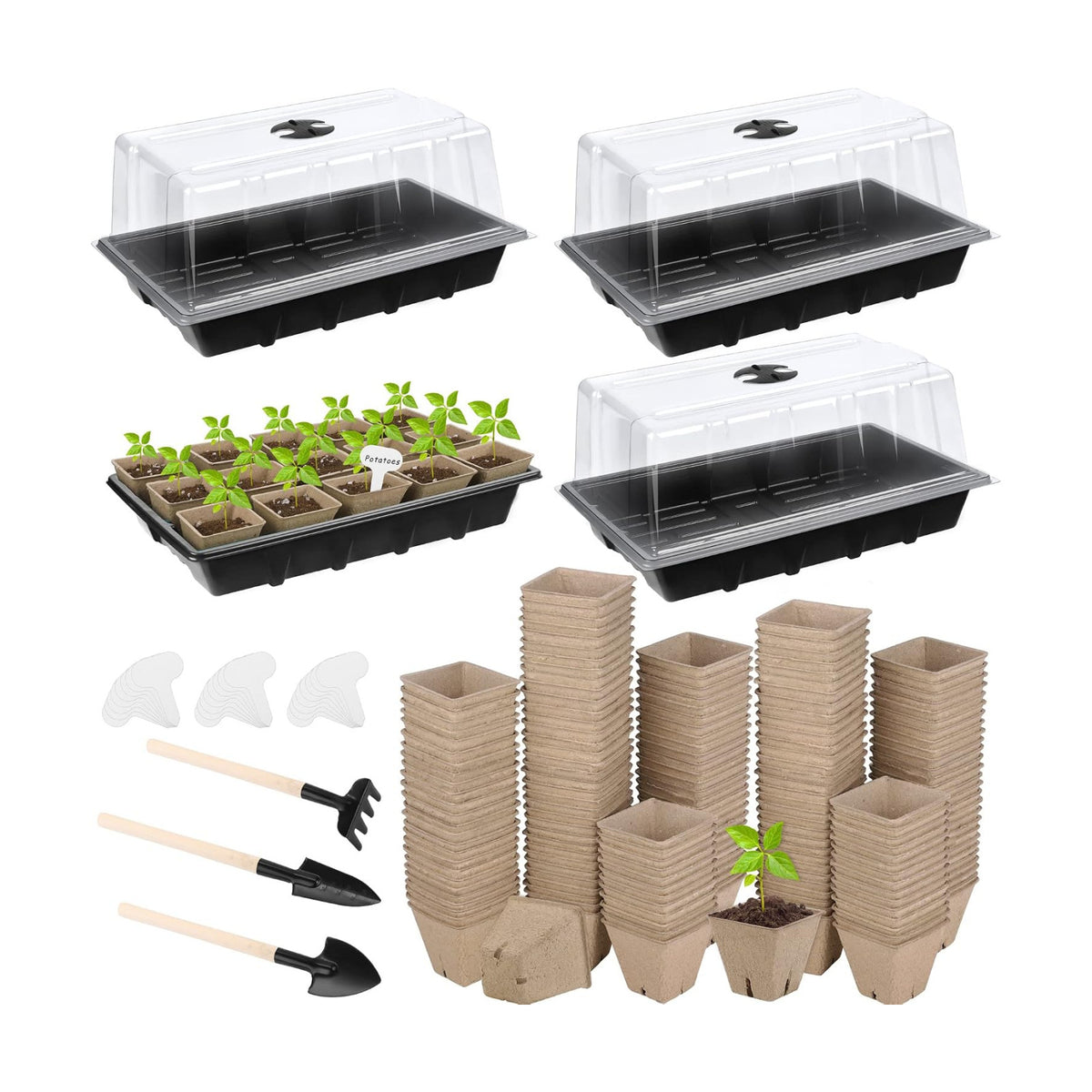 Hahood 4 Pack Seed Starter Tray Kit, 120 Square Seed Peat Pots for Seedlings with Plants Labels, Planting Tools, Plastic Growing Germination Trays with Lids for Indoor Outdoor Gardening, Black