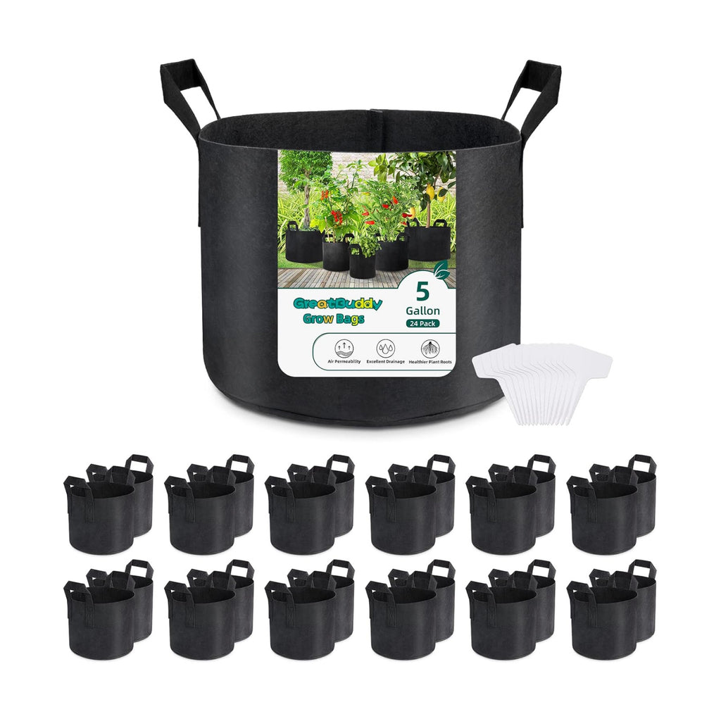 GreatBuddy Grow Bags 5 Gallon 24-Pack, Heavy Duty Fabric Grow Bags with Handles for Vegetables, Herbs, and Tomatoes