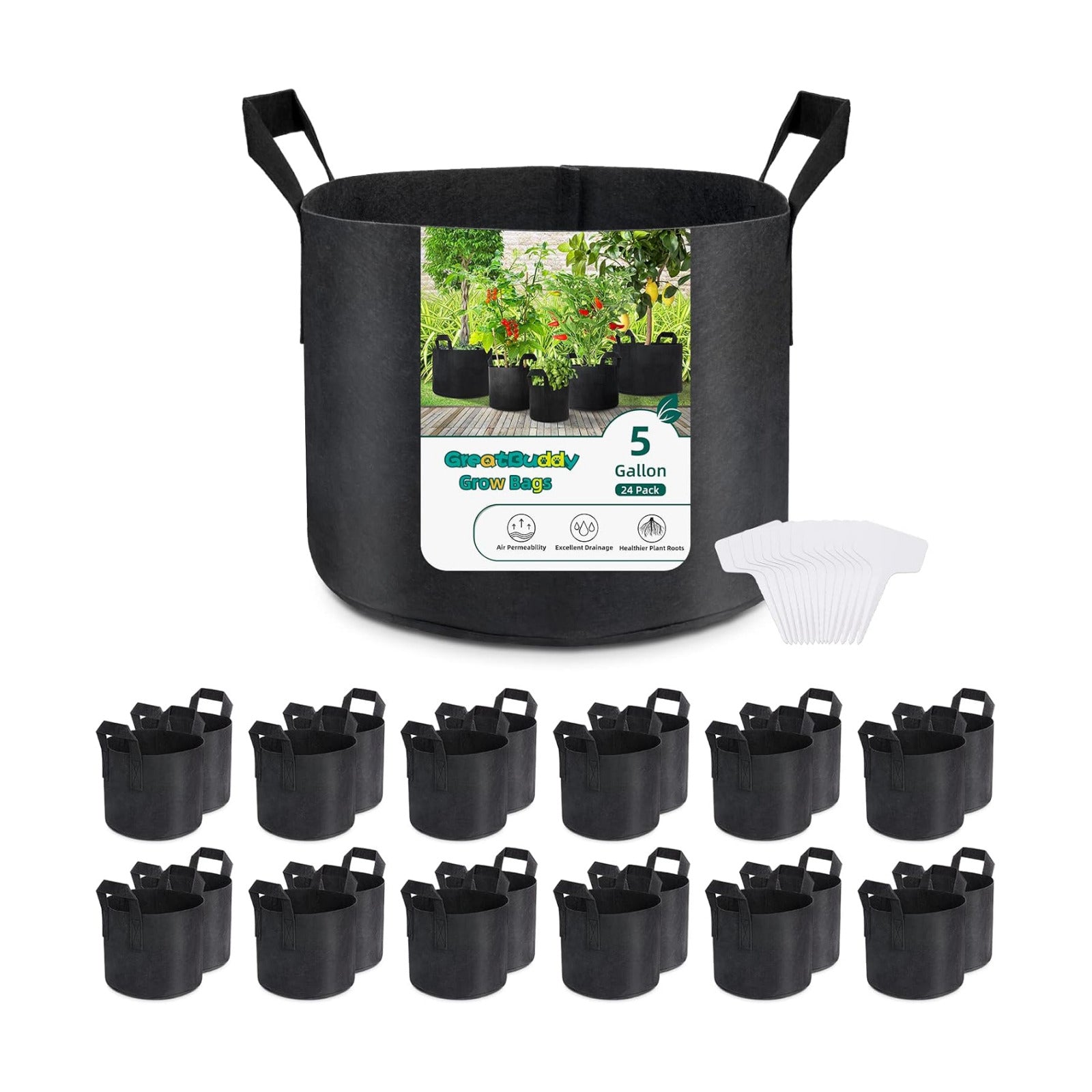 GreatBuddy Grow Bags 5 Gallon 24-Pack, Heavy Duty Fabric Grow Bags with Handles for Vegetables, Herbs, and Tomatoes