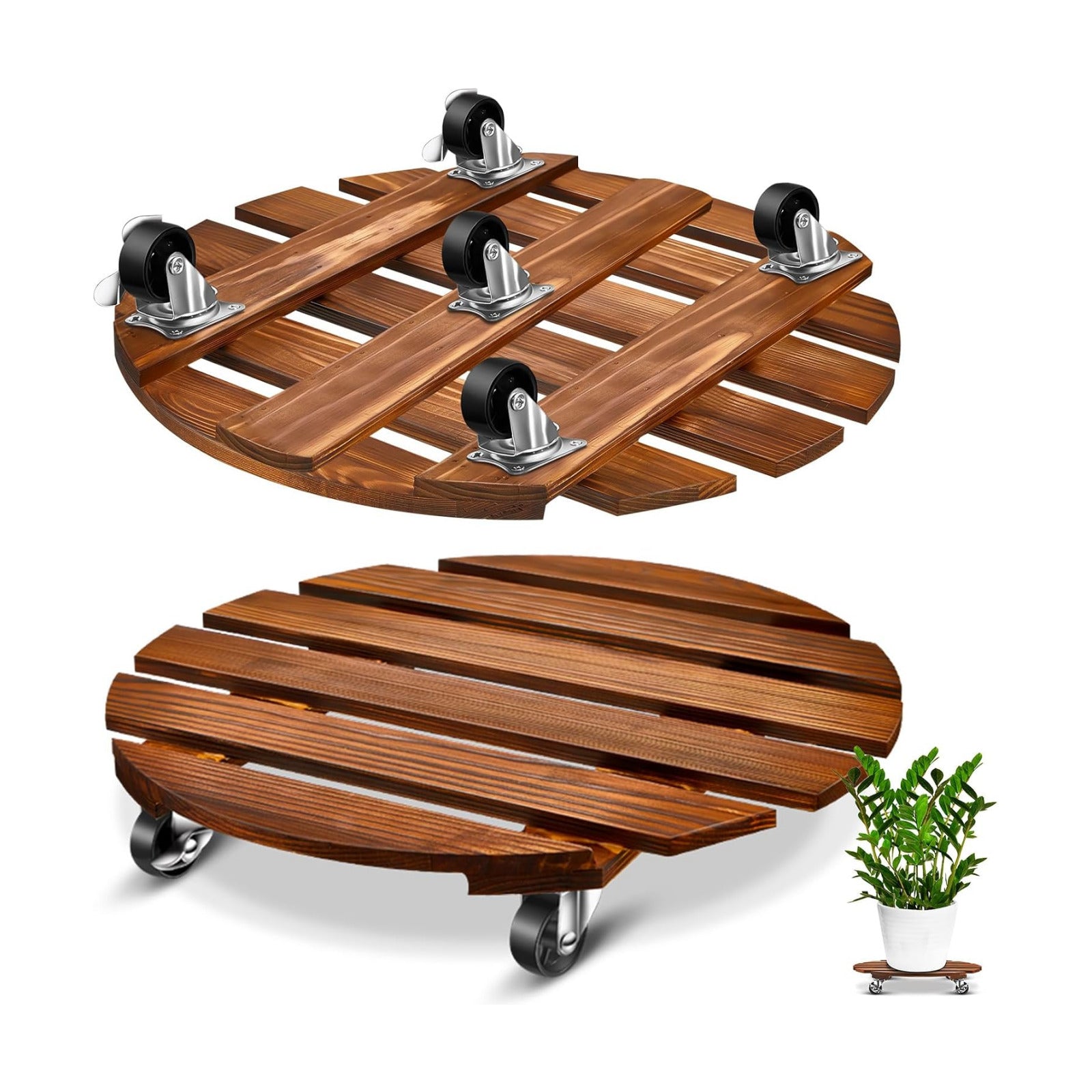 2 Pack 16 Inch Wooden Rolling Plant Caddy, 220 Lbs Lockable Wheels