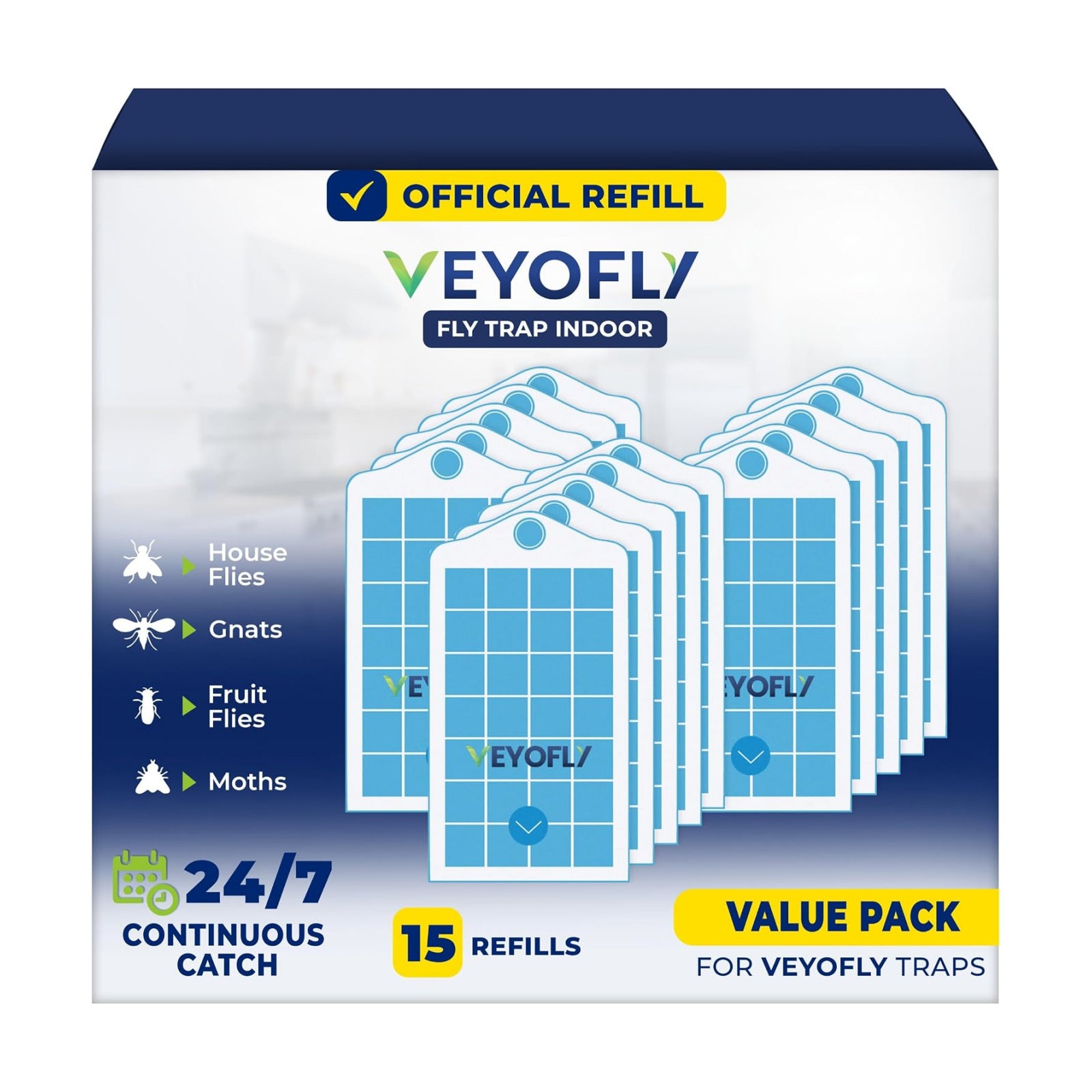 VEYOFLY Official Refill Fruit Fly Traps Indoor, Gnat Trap | 15-Pack | Slide-in refills, fits your trap, strong adhesive