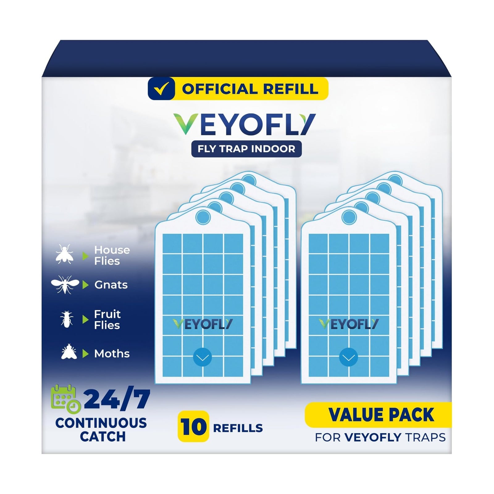 VEYOFLY Official Refill Fruit Fly Traps Indoor, Gnat Trap | 10-Pack | Slide-in refills, fits your trap, strong adhesive