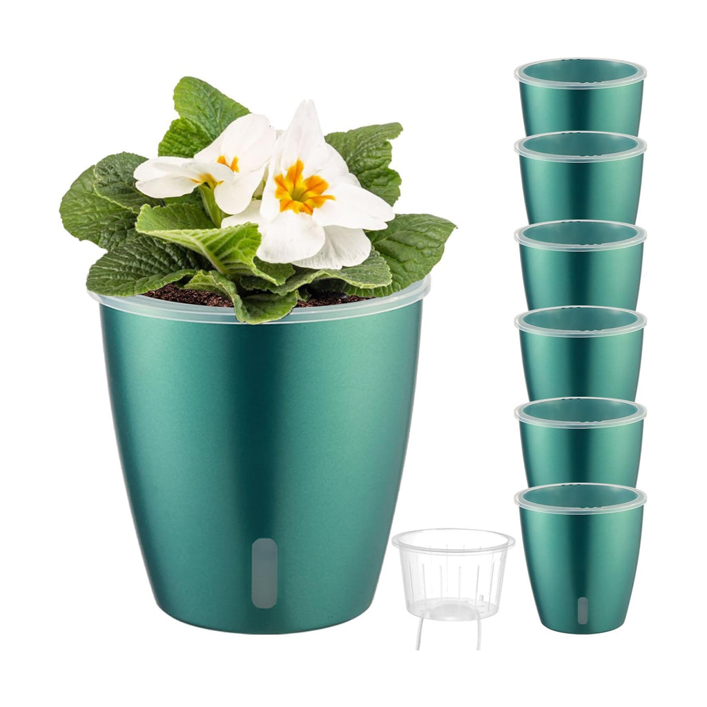 Self Watering Pots for Indoor Plants, 6-Pack 5'' Self Watering Planter with Drainage Holes, Small African Violet Pots with Water Indicator, Clear Wick Orchid Pot, Blue Gold
