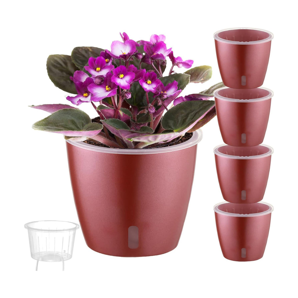 Self Watering Pots for Indoor Plants, 4-Pack 6.7'' Self Watering Planter with Drainage Holes, Small African Violet Pots