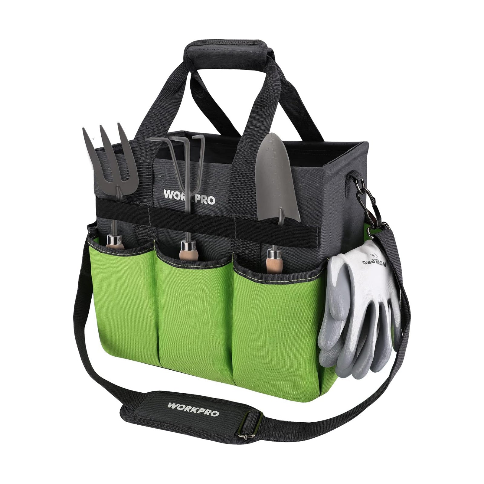 WORKPRO Garden Tool Bag, 10 Pockets and Shoulder Strap, Green | Heavy Duty Gardening Organizer Tote Bag, Standable