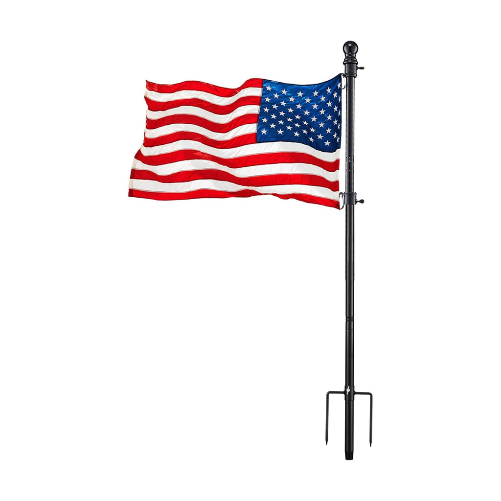 Black Flag Poles for Outside - 8.5FT Metal Outdoor Yard Flag Pole Holder with 2 Prongs Base - 3x5FT American Flag with