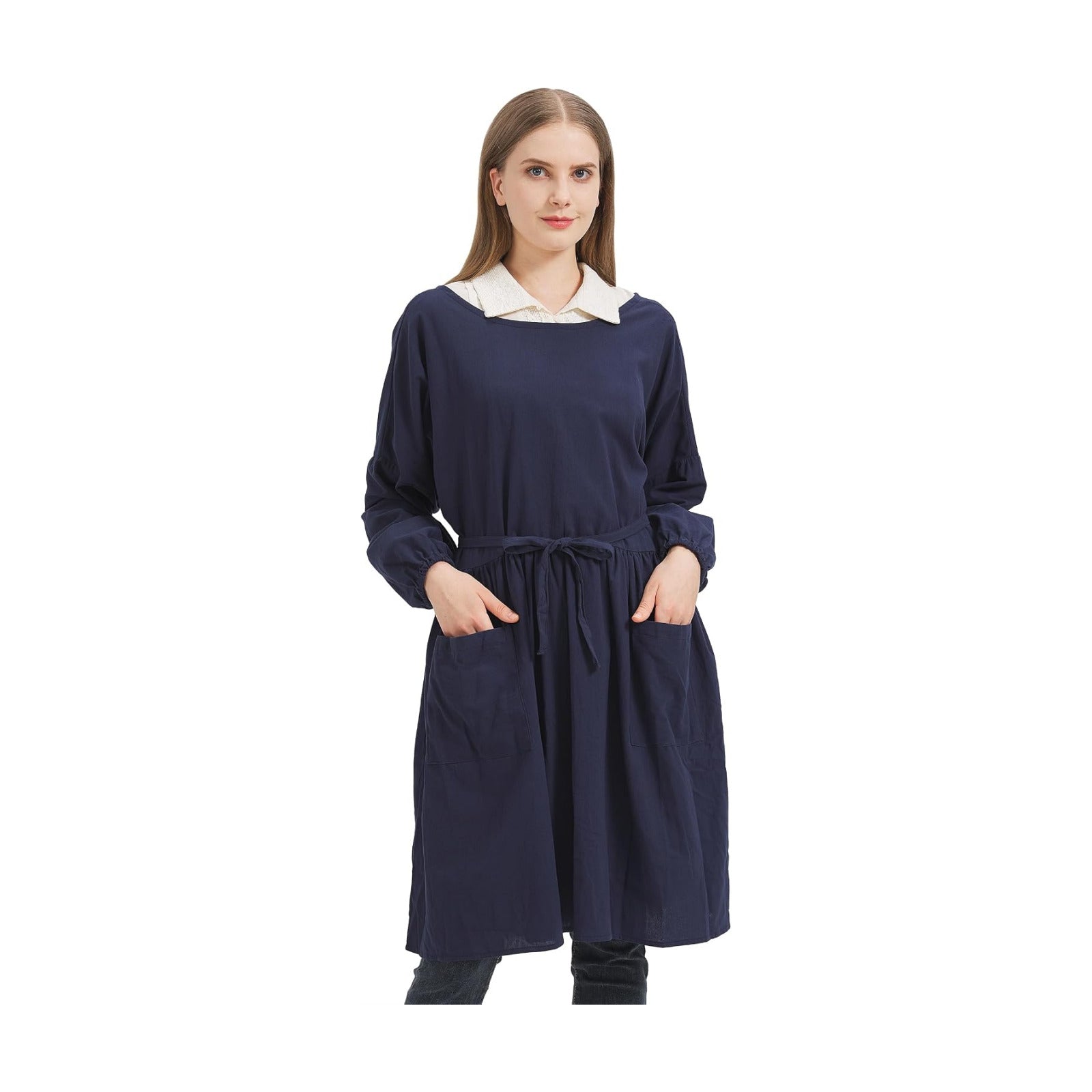 Nanxson Cotton Linen Apron Women's Long Sleeve Apron for Cooking,Gardening | Long waist strap,stickers on back,elastic