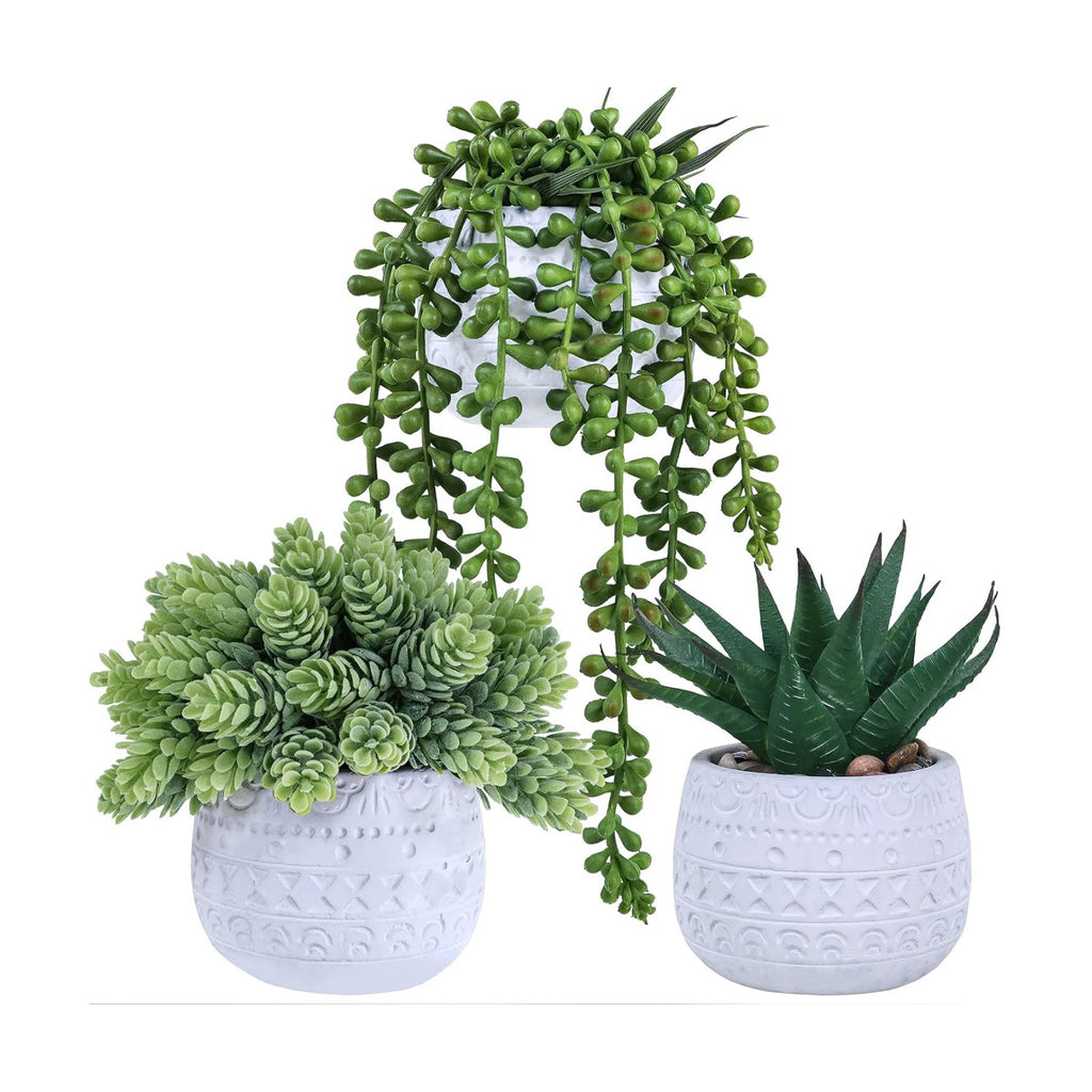Winlyn 3 Pcs Assorted Small Potted Succulent Plants Artificial Aloe Hanging Succulent in White Geometric Concrete