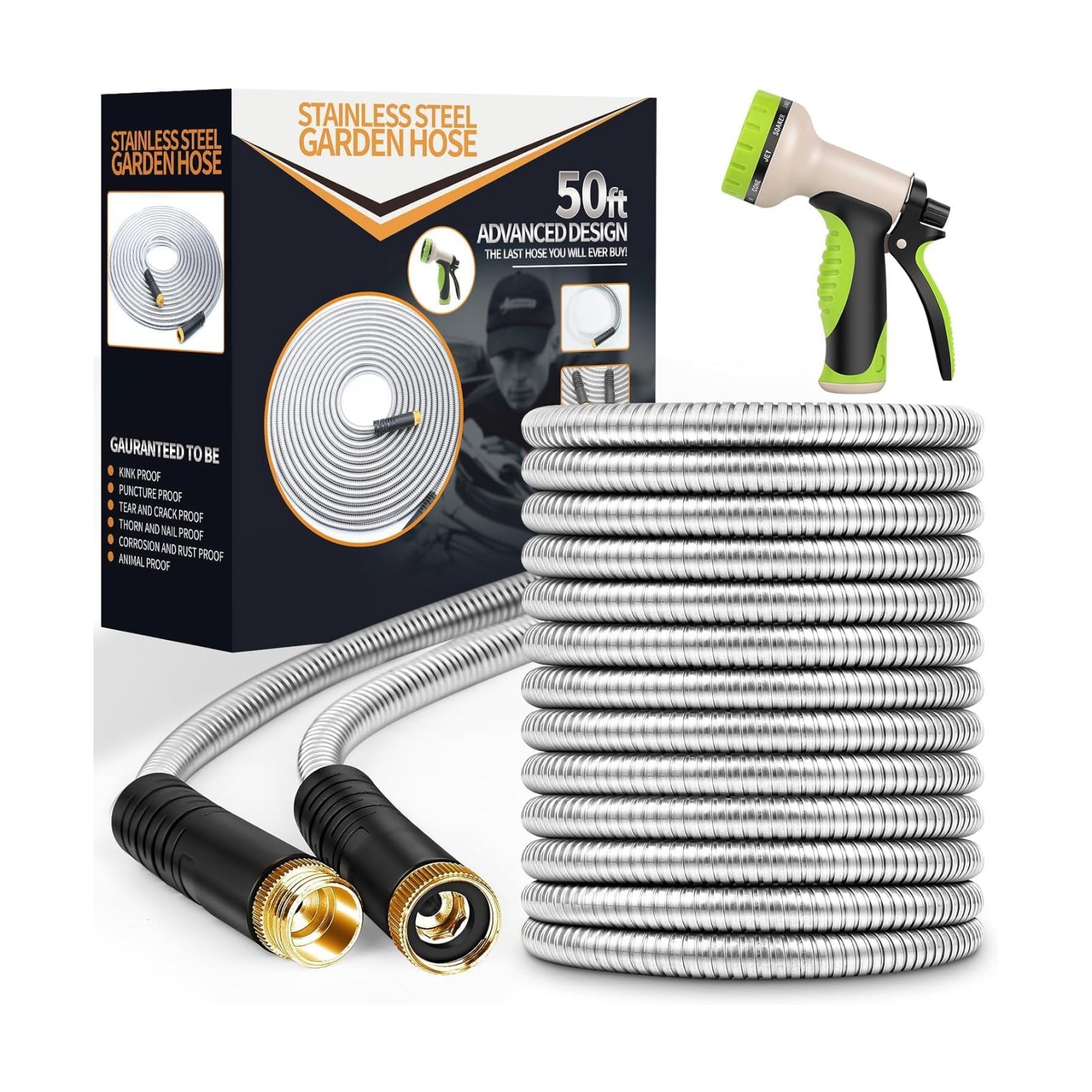 Unywarse Garden Hose 50FT Metal Water Hose with 10 Function Nozzle No-Kink | Flexible, Leak-proof, Heavy Duty