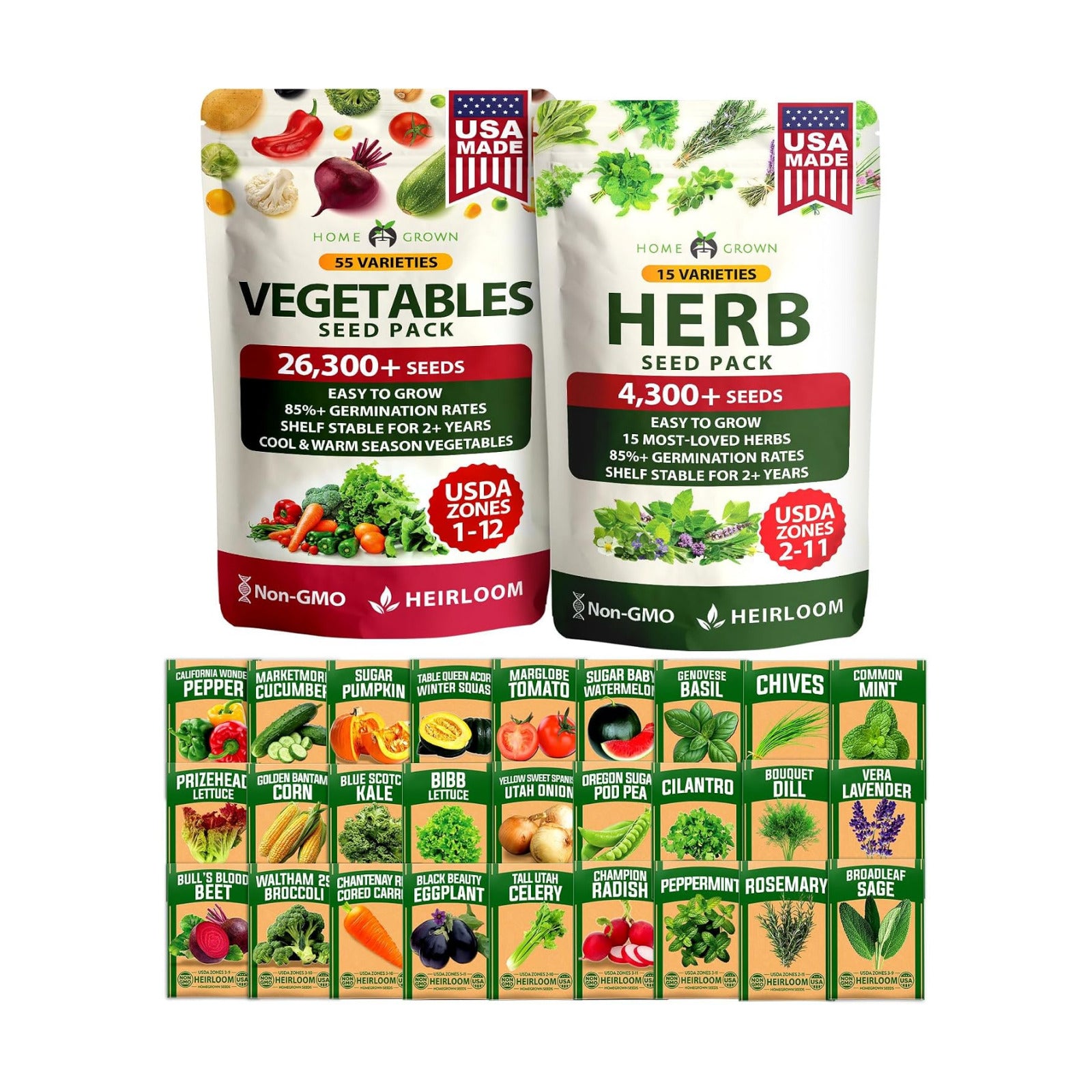 HOME GROWN 70 Variety Vegetable & Herb Seeds 30,600+ USA Non-GMO Heirloom Survival Seeds Garden Kit for Spring, Fall
