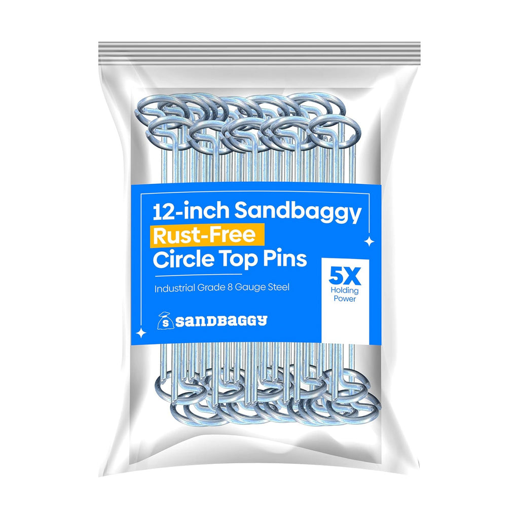 Sandbaggy 12 Inch Rust-Free Circle Top Pins | Industrial Grade 8 Gauge Galvanized Steel | Great for Hard & Rocky Soil
