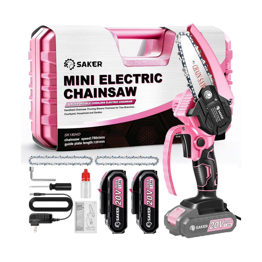 Saker Mini Chainsaw Cordless Pink,2PCS Batteries and 3 PCS Chains | Portable Electric Mini Chainsaw Cordless,Handheld