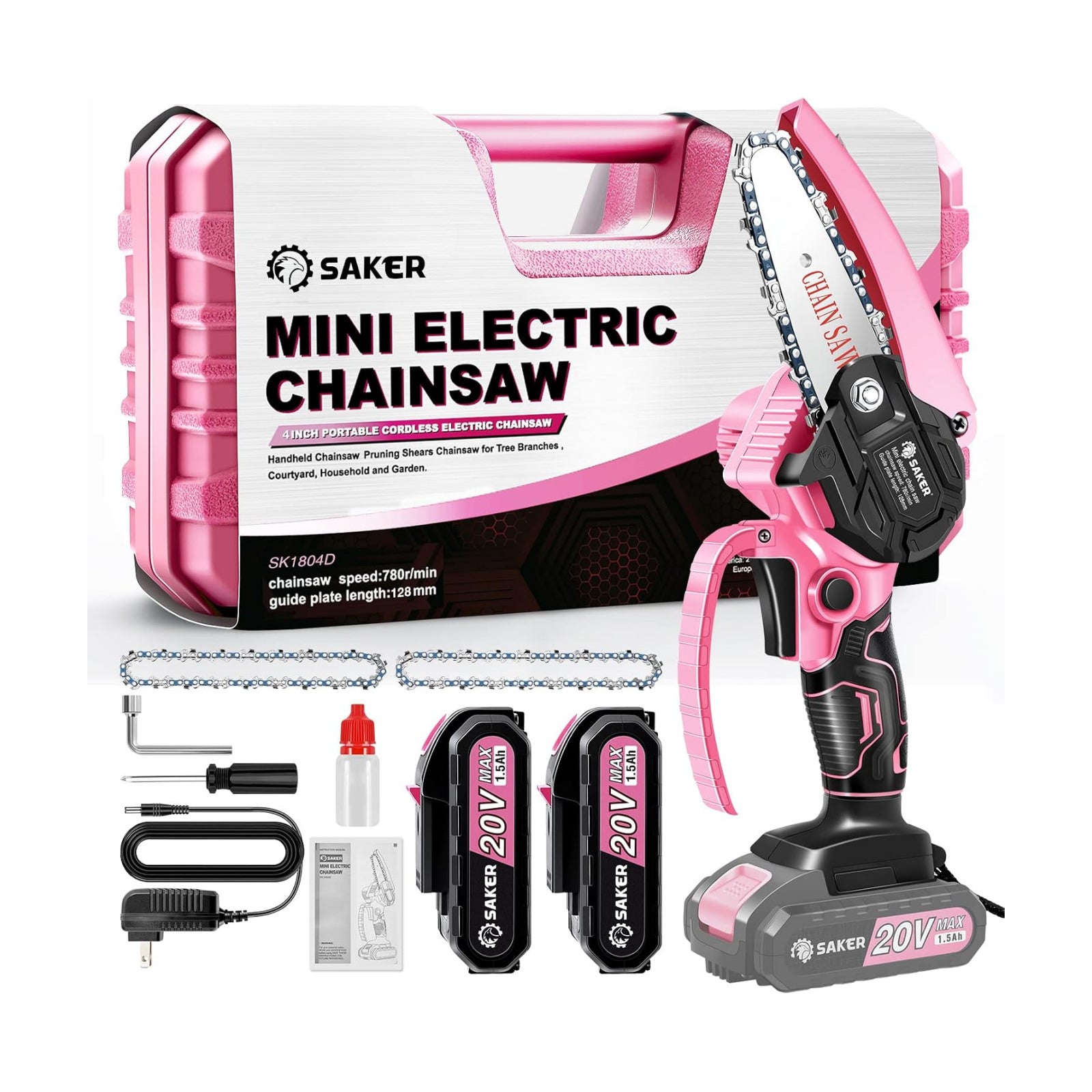 Saker Mini Chainsaw Cordless Pink,2PCS Batteries and 3 PCS Chains | Portable Electric Mini Chainsaw Cordless,Handheld