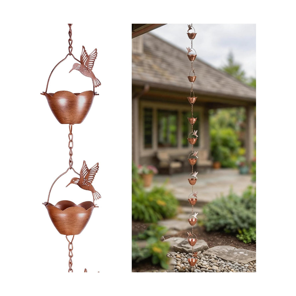 DUSVALLY 8FT Hummingbird Rain Chain for Gutters, Copper-Tone Metal | 12 Flower Cups • Hummingbird Design • Copper-Tone